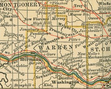 Early map of Warren County, Missouri including Warrenton, Wright City, Truesdail, Treloar, Marthasville, Dutzow